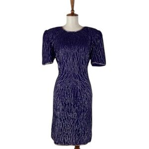 Vintage Beaded Sequin‎ Silk Dress Women’s 4 Short Sleeve Crew Neck Sheath